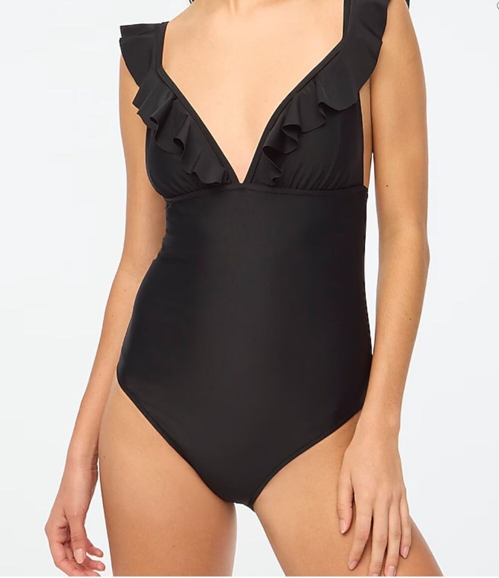 NWT J.Crew Factory Ruffle-Shoulder V-Neck One-Piece Swimsuit Black S #BG217